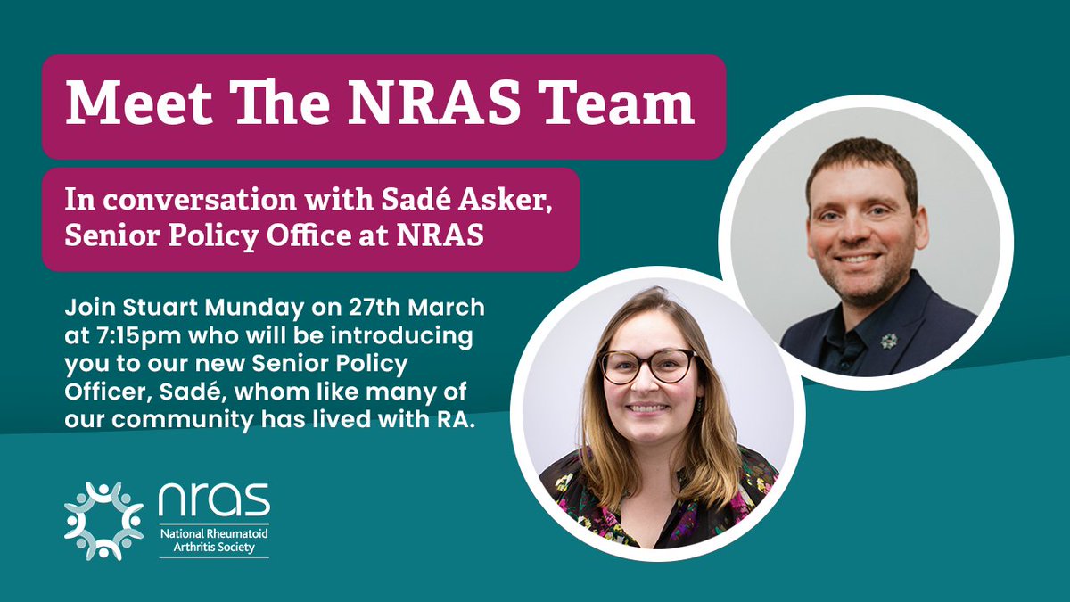 In this month’s NRAS Live on 27th March, Stuart Munday introduces you to our Senior Policy Officer, Sadé, whom like many of our community has lived with RA. Tune in to hear Sadé’s story, how she manages her RA, what she will be focusing on in the coming year in lead up to a