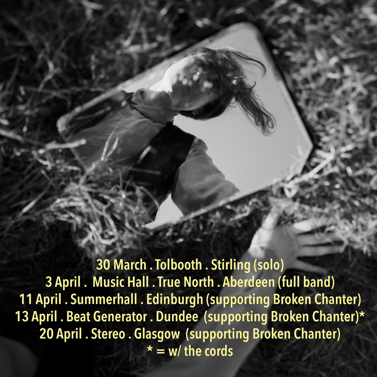 Hello! I have some really lovely gigs to share with you which include supporting @BrokenChanter at a few stops in celebration of his magic new album, and a couple of headlines in fair ol' Aberdeen Music halls and Stirling @Tolbooth . x 📷 @Crrreg