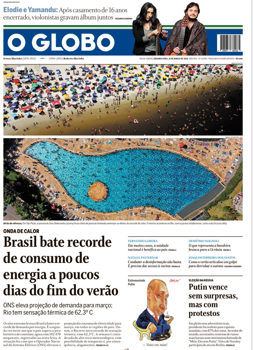 Como era de se esperar: fotos lindíssimas para mostrar praias lotadas, e de como é lindo viver no Rio com o calor de ontem.

Quase 63 graus de sensação térmica.
O nome disso é urgência climática, senhores. Não há glamour. Sem enfrentar o assunto, vira armazém de secos e molhados.