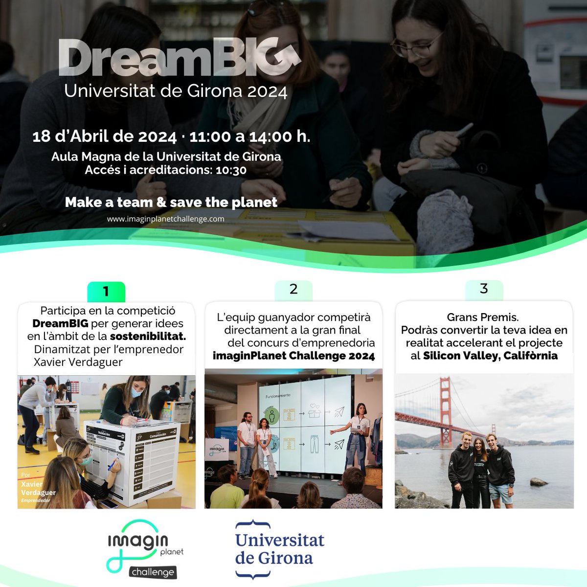 UdG Compromís Social (@udgcompromis) on Twitter photo 🚀Vols anar a #SiliconValley ? No et perdis el #DreamBIG2024 a la <a href="/univgirona/">Universitat de Girona</a> de <a href="/imaginersapp/">imagin</a> i ajuda'ns a generar idees per a la sostenibilitat! 🌱
🫵Si ets <a href="/estudiantsudg/">C. Estudiants UdG</a> inscriu-te a bit.ly/4c2Scqo
🫵Si ets <a href="/UdGAlumni/">UdG Alumni</a> o extern/a inscriu-te a bit.ly/4clQeli 🚀Vols anar a #SiliconValley ? No et perdis el #DreamBIG2024 a la <a href="/univgirona/">Universitat de Girona</a> de <a href="/imaginersapp/">imagin</a> i ajuda'ns a generar idees per a la sostenibilitat! 🌱
🫵Si ets <a href="/estudiantsudg/">C. Estudiants UdG</a> inscriu-te a bit.ly/4c2Scqo
🫵Si ets <a href="/UdGAlumni/">UdG Alumni</a> o extern/a inscriu-te a bit.ly/4clQeli