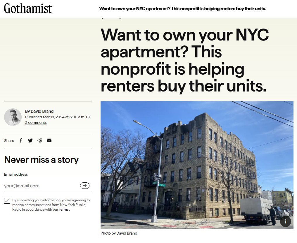 NYCCLI's tweet image. It's the latest victory of NYC's surging Community Land Trust movement. 

And it's only the beginning if we pass:
#TOPA so tenants get a say in their building's sale
#CommunityLandAct so CLTs can acquire land
#HomesNowHomesforGenerations to fund the work

gothamist.com/news/want-to-o…*