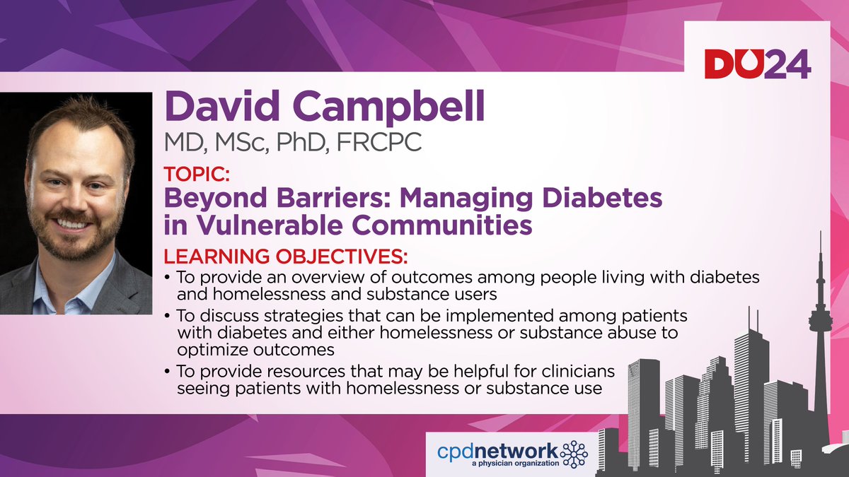 DUOcongress's tweet photo. Can't miss Dr. David Campbell at #DiabetesUpdate! He will be tackling how to bridge the gap in diabetes care for homeless & substance-using communities. Join us April 12-13 in Toronto or virtually. Learn more and register at https://t.co/6kchzYzMJ0 #HealthEquity #Diabetes https://t.co/RWjpQZR7kQ