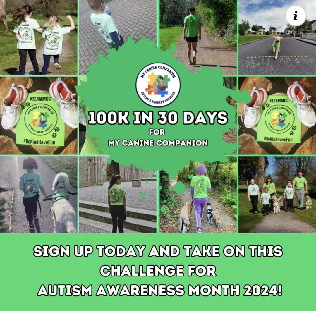 2 WEEKS TODAY UNTIL OUR APRIL CHALLENGE BEGINS! Will you walk, run, or jog 100k in 30 days this Autism Awareness Month! Help us to change a child's life!! Sign up now to get your FREE T-shirt! mycaninecompanion.ie/100k-in-30-days #teammcc