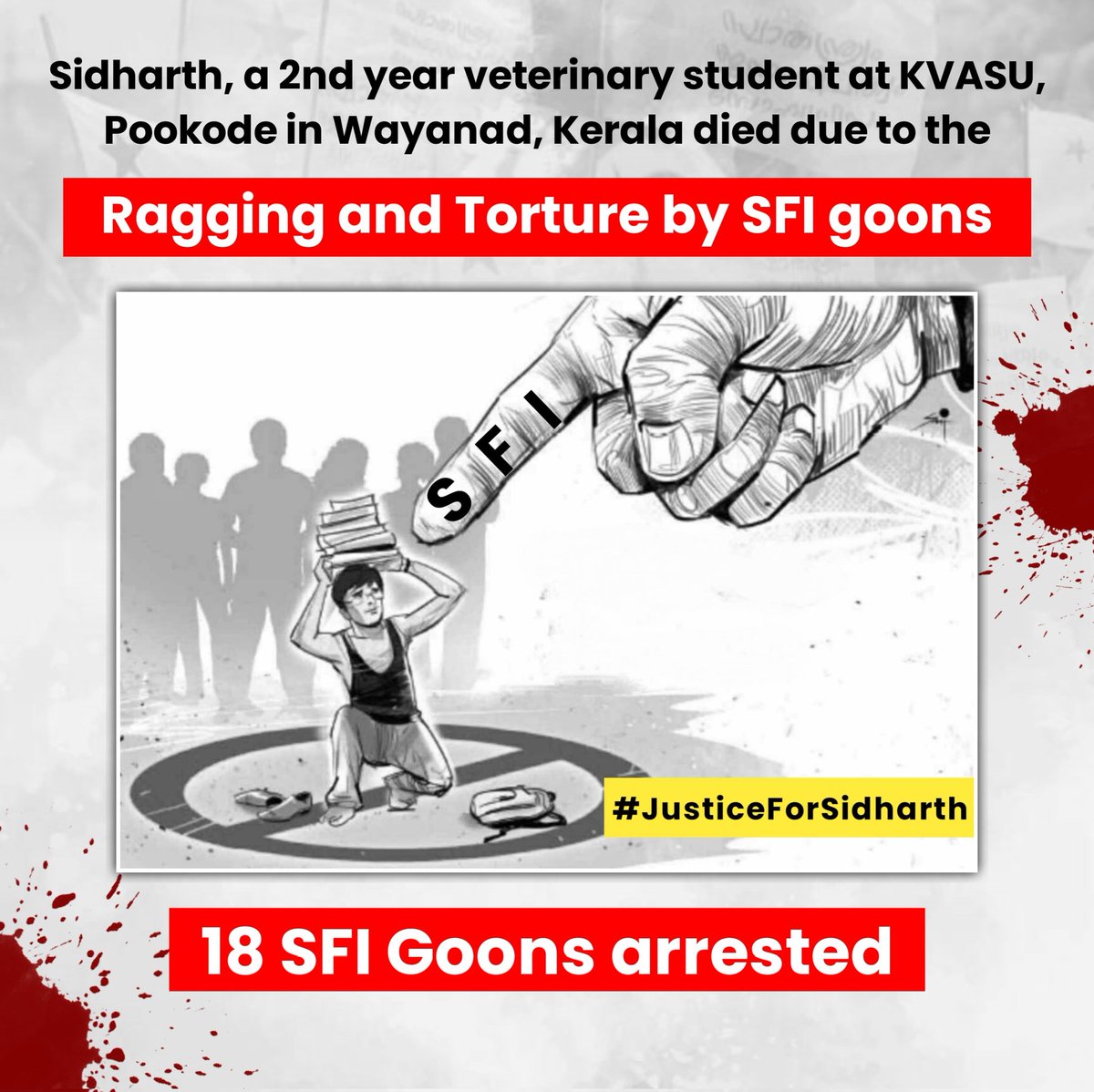 कामरेड अपने विचार से इतर दूसरे को सहन कर ही नहीं सकते। परिसरों में SFI की उपस्थिति का तात्पर्य ही है हिंसा।
#JusticeForSidharth