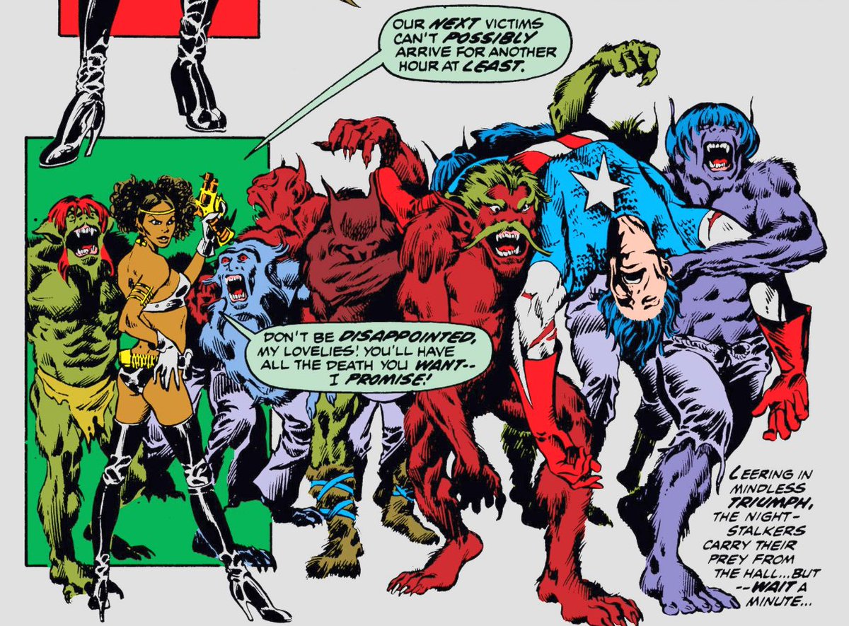 MarvelADay's tweet photo. #MarvelADay #Cap164
We meet Nightshade, whom the werewolves seem to answer to.  We also see that the Cap being attacked was definitely not Steve Rogers.  I love this shot of the poor victim being carried away by the werewolves, especially that one with the goofy were-mustache.
JH https://t.co/s4JpxhIt0Q
