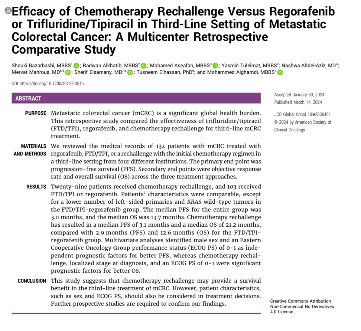 Glad to share our recent publication in @JCOGO_ASCO : A multicenter retrospective study that aims to compare the efficacy of chemotherapy rechallenge vs Regorafenib or FTD/TPI in third-line setting of metastatic colorectal cancer. #JCOGO Give it a read ➡️ ascopubs.org/doi/10.1200/GO…