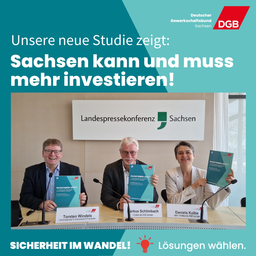 #Sachsen muss mit mehr #Weitblick die Bahn für öffentliche #Investitionen frei machen und die bestehenden Möglichkeiten nutzen, um in eine gute und gerechte #Zukunft mit #SicherheitImWandel zu investieren! Hier gibt es unsere neue #Investitionsstudie: sachsen.dgb.de/-/8oq