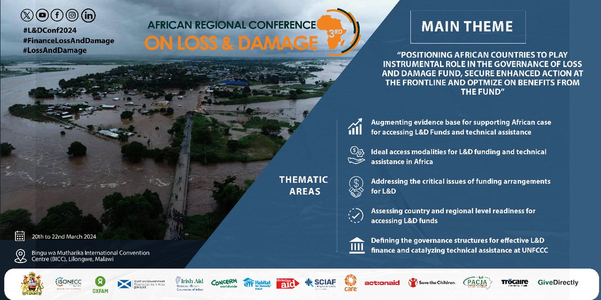 Focusing on 'Positioning African countries to play an instrumental role in the governance of the Loss & Damage Fund, secure enhanced action at the frontline, & optimize benefits from the Fund,' #LandDConf2024 is happening from March 20 to 22. Register via bit.ly/3Vhm4JG