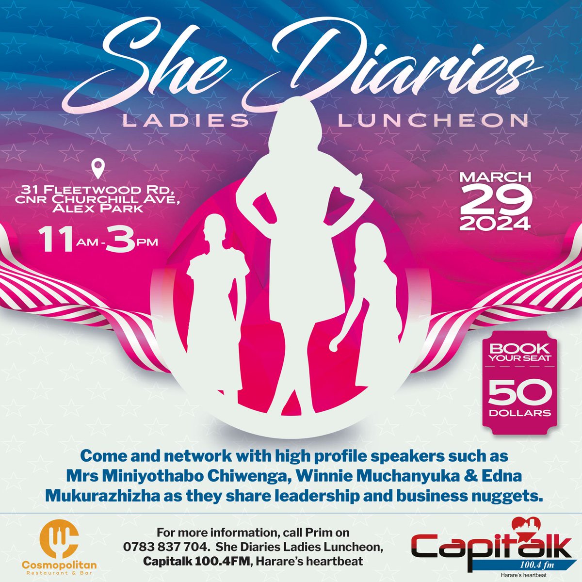 Capitalk100.4fm celebrates International Women's Day at the She Diaries Ladies Luncheon on March 29 at Cosmopolitan Restaurant, ,number 31 Fleetwood Rd, cnr Churchill Ave, Alex Park, from 11am to 3pm.  Book your seat for $50.  For more information, call Prim on 0783 837 704.