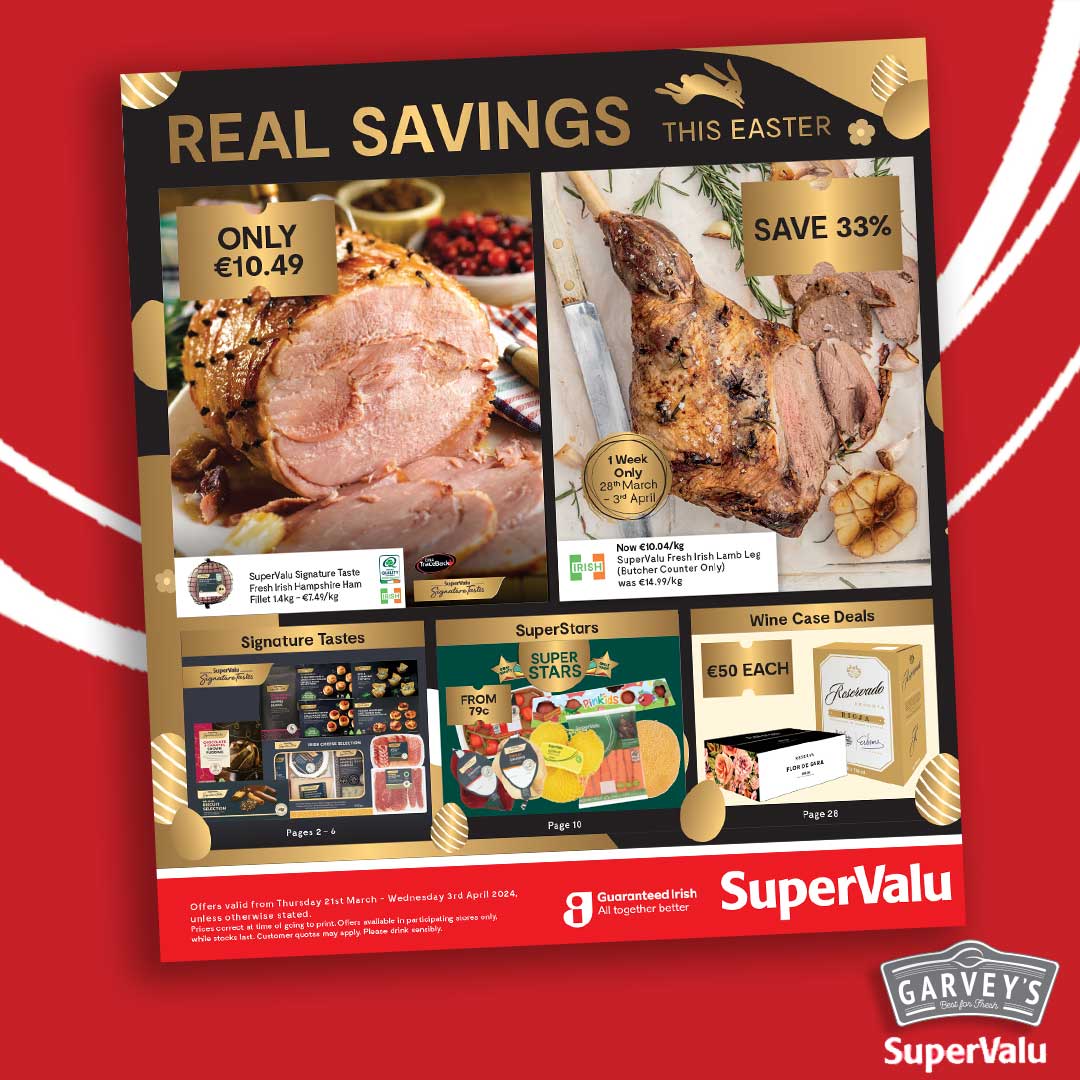 🐣🐰 REAL SAVINGS THIS EASTER 🐰🐣 Check out some of this week's special offers! 📲 supervalu.ie/offers-leaflet… Offers valid Thursday 21st March to Wednesday 3rd April 2024, unless otherwise stated. 🔞 Please drink responsibly. #GarveysSuperValu #Cobh