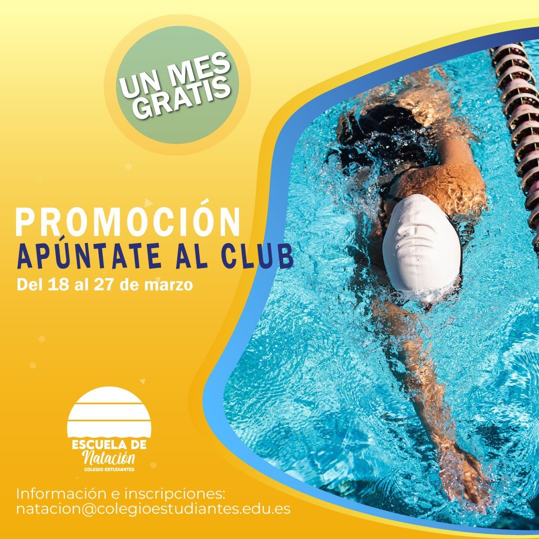 🤔¿Buscas una Escuela de Natación? 
😁¡La has encontrado! 

Del 18 al 27 de marzo apúntate a cualquier actividad del club durante un trimestre (abril, mayo y junio) y te regalamos un mes gratis.

Más información: natacion@colegioestudiantes.edu.es 

#natación #deporte #salud
