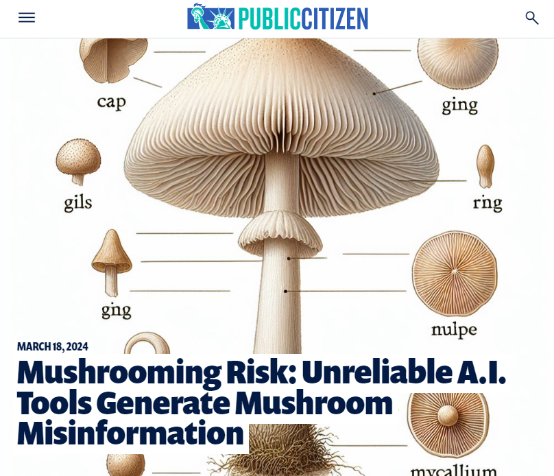 RickClaypool's tweet photo. Turns out AI gets mushroom hallucinations too.🤖🍄

No, NOT THAT KIND OF MUSHROOM HALLUCINATION!😵‍💫

My new report shows AI apps &amp; chatbots can generate deadly toxic mushroom misinformation.☠️ 

Follow along for examples.🧵 https://t.co/bsVil9jWom