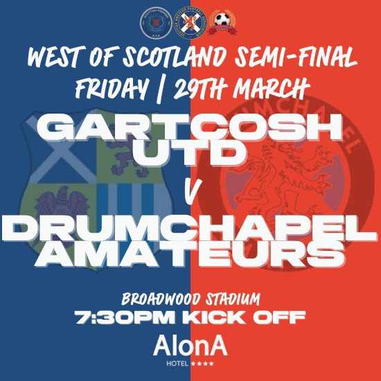 Not long until these two teams meet for the @AlonaHotel West Cup Semi Final Admission £5 under 12s £2 @Gartcoshunited @DrumAmsFC the very best of luck to both clubs