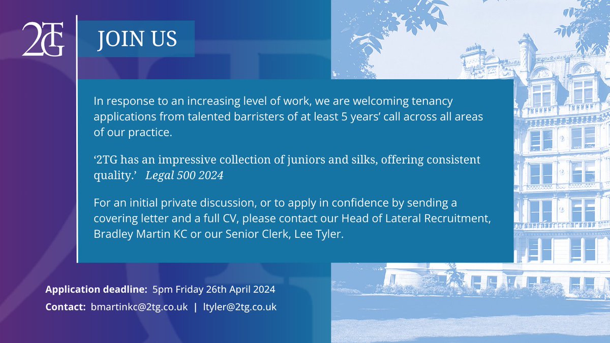 2TG invites applications from talented and ambitious barristers of at least 5 years’ call across all our practice areas. Please click here for further information 2tg.co.uk/recruitment/te…

#recruitment #lateralhires #tenancy