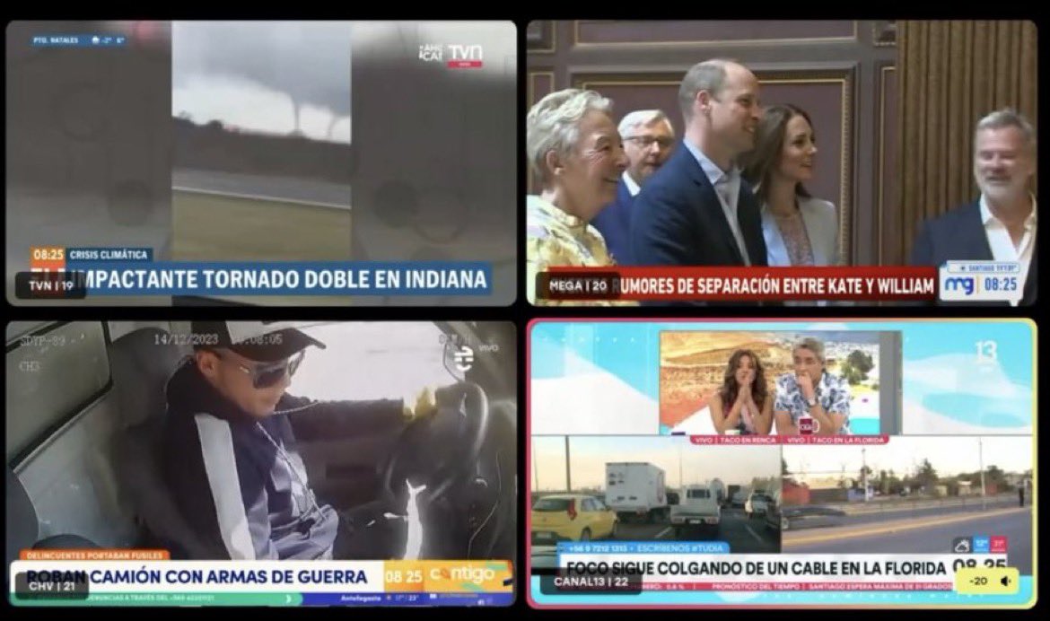 redsistenci's tweet photo. El vínculo  entre Luis Hermosilla y Sebastián Piñera revelados en las filtraciones de los audios del exdirector de la PDI Sergio Muñoz es LA NOTICIA, pero la televisión chilena prefiere mentir, omitir y desinformar con un tornado, la monarquía inglesa, un cable colgando y un camión con armas.