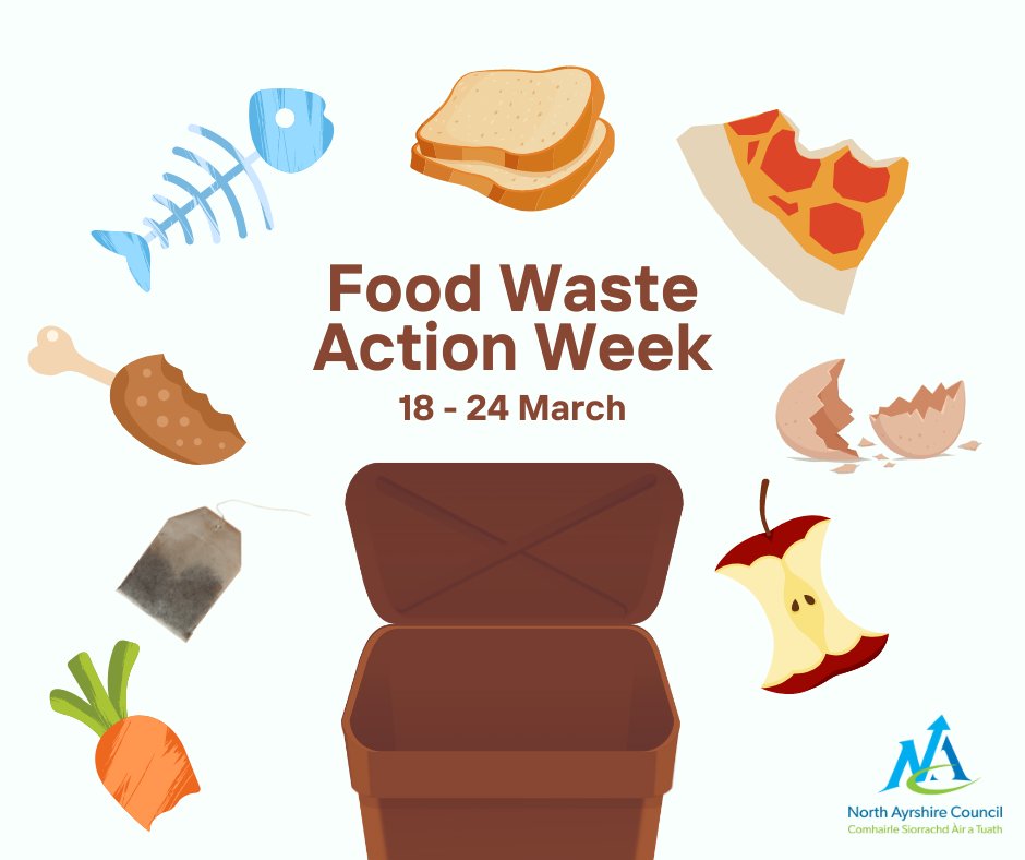 Today marks the starts of #FoodWasteActionWeek! 🍎🍞🍗 In North Ayrshire you can recycle cooked and uncooked food including; Dairy Meat, fish and bones Fruit and vegetables Bread, rice and pasta Tea bags, tea leaves and coffee grounds Egg shells #SustainableNA