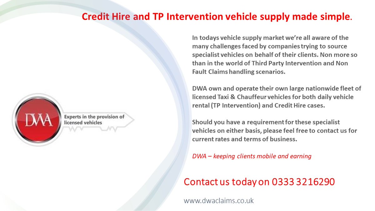 TAXICLAIMASSIST's tweet photo. DWA Claims - Offering both Credit Hire &amp; TP Intervention solutions to the Claims &amp; Insurance Industry.

Contact us today for an informal discussion surrounding your requirements and our solutions.

#claims #accidentmangement #fleet #replacement vehicles #insuranceclaim #taxiclaim https://t.co/XPDIfzQw8B