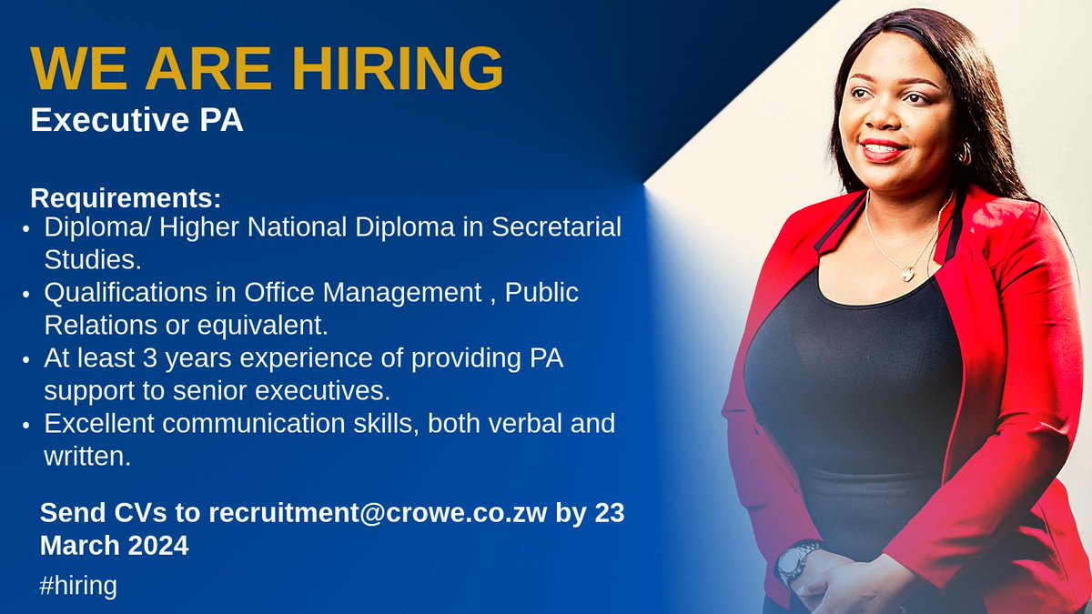 We are #recruiting an Executive PA for our client. #CroweZw #WeAreCrowe #Smartdecisions #Lastingvalue #Audit #Tax #Advisory