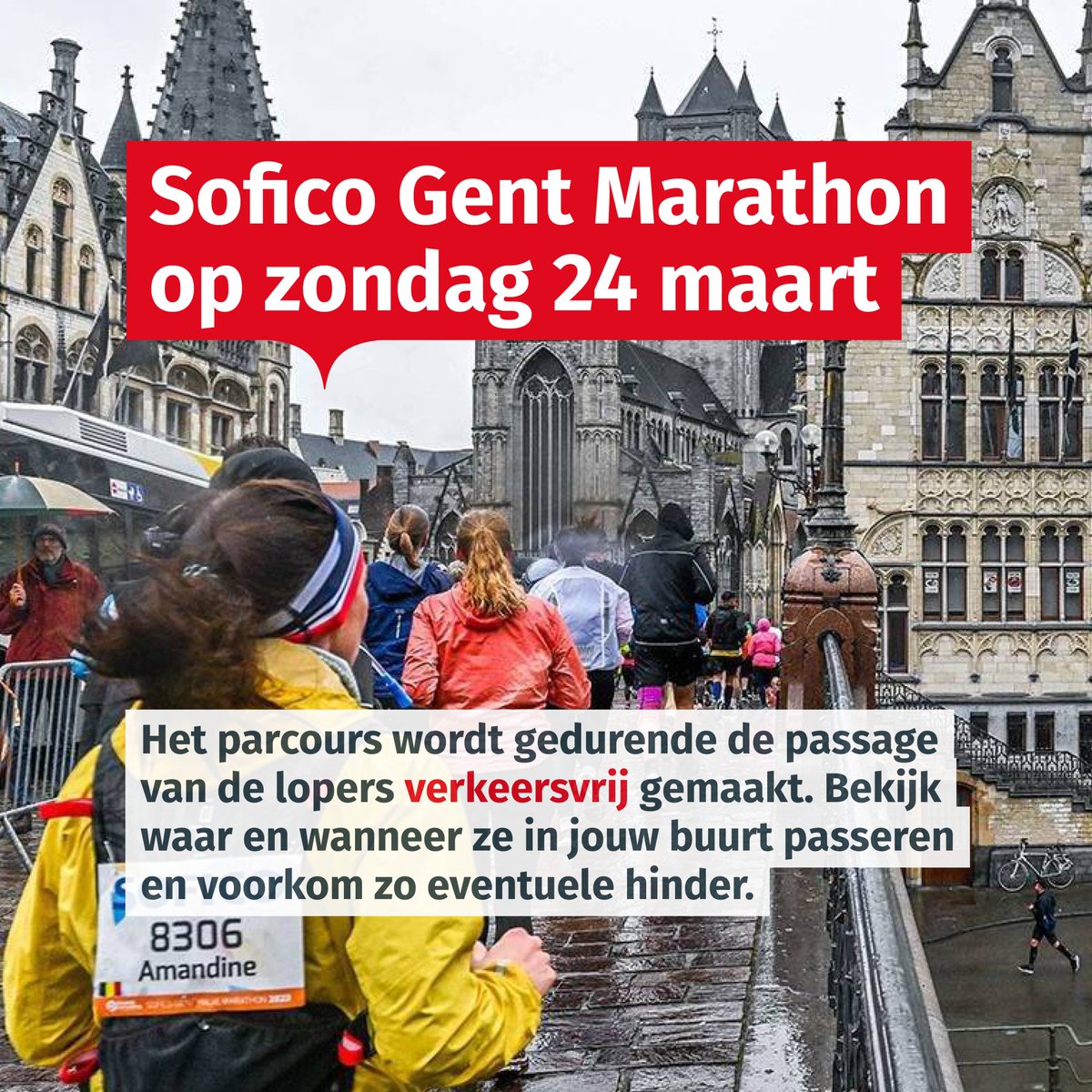 Op zondag 24 maart vindt de Sofico Gent Marathon plaats! 🏃 Het parcours wordt gedurende de passage van de lopers verkeersvrij gemaakt. Raadpleeg tijdig het overzicht en ontdek waar en wanneer de lopers in jouw buurt passeren. 👉 go.stad.gent/bewonersinfoma…