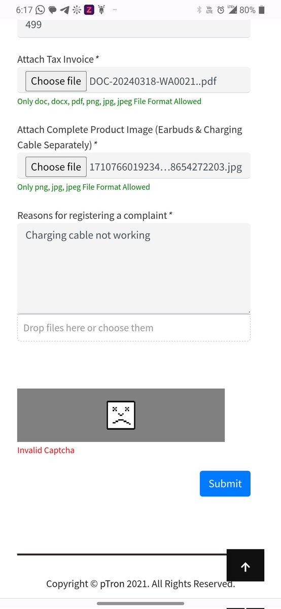 jipinchand's tweet photo. @pTronIndia Look at the number of issues. Doesnt accept pdf when its a pdf. Captcha is broken. I tried 5 times and I'm not able to raise. On top of it all.. There's so much information you need to enter. Why is this so difficult just for a charging cable? https://t.co/v8brbHnSUS