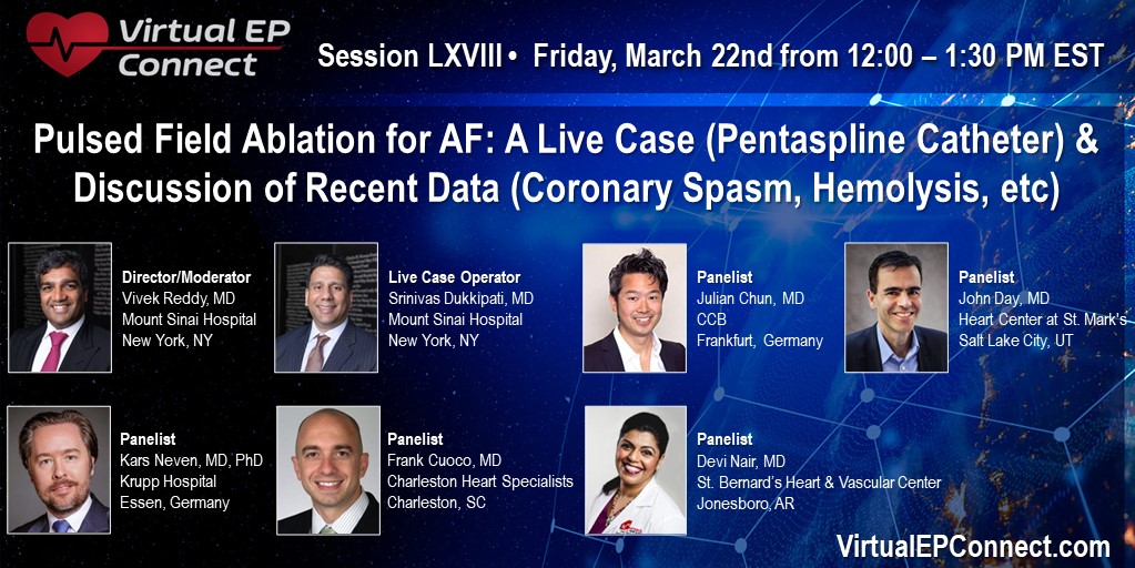 #EPeeps Join us this Friday for @ConnectEp featuring a Live PFA Case by Dr. Srinivas Dukkipati from @MountSinaiHeart, and recent data is examined and discussed amongst @VivekReddyMD @jongichun Frank Cuoco, @drjohndayMD @Drdevignair @KarsNeven Register @ epconnect.live/pfalive