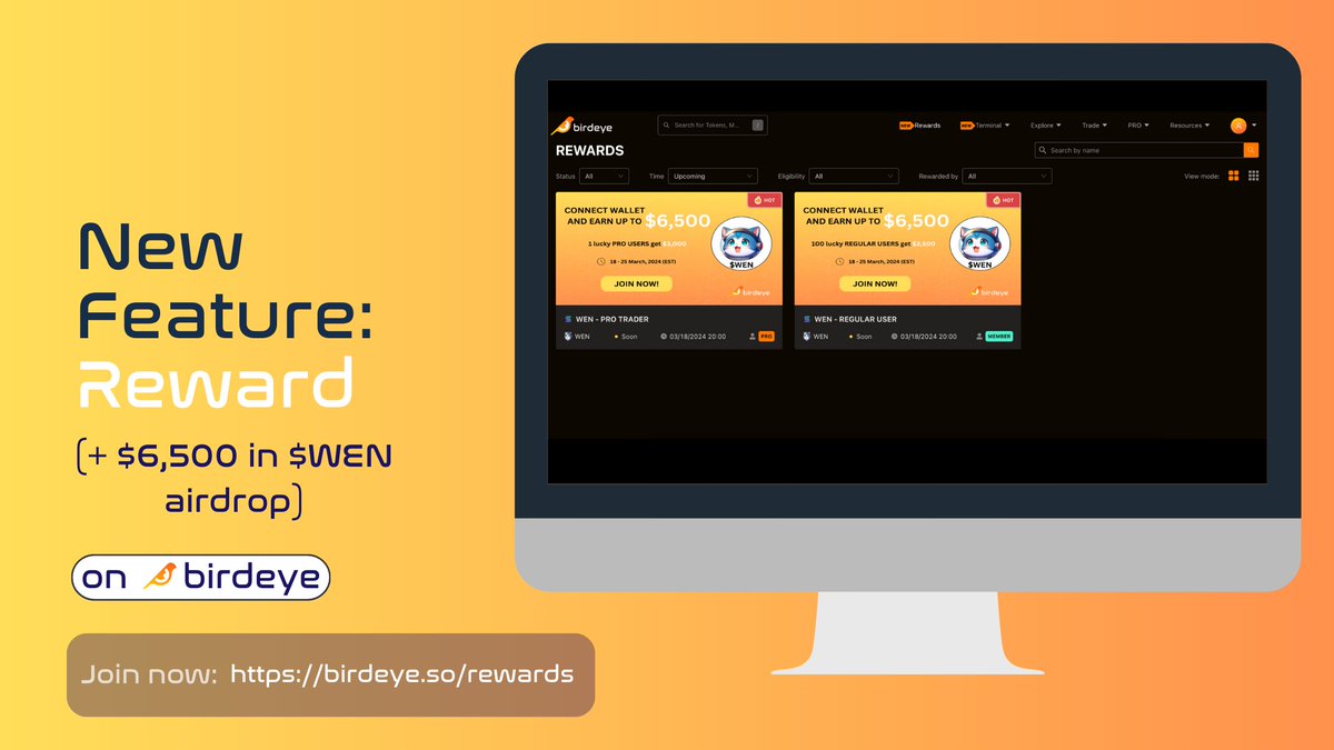 birdeye_so's tweet photo. NEW FEATURE: REWARDS

We're all money maxis.

Birdeye's excited to announce the launch of our Rewards page, prominent on our website!

We're grateful to have @wenwencoin joining as our 1st Reward partner, offering $6,500 in $WEN to lucky Birdeye users. Follow our blog for more info on the Birdeye's Reward page, the $WEN campaign, how you could participate, and how we'll choose & announce the winners

👉 Link: https://t.co/YQfaAfaul3