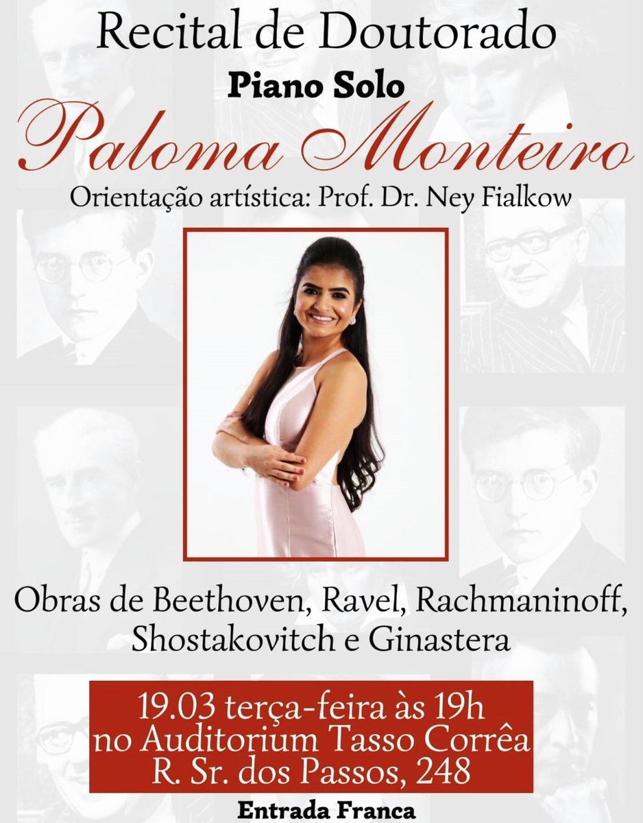 IUfrgs's tweet photo. AMANHÃ, 19/3, terça, às 19h, acontece o recital gratuito de piano de Paloma Monteiro. No programa, obras de Beethoven, Ginastera, Ravel e Shostakovitch. Local: Auditorium Tasso Corrêa do IA/UFRGS (Rua Sr. dos Passos, 248, 1° andar – Centro Histórico, Porto Alegre). https://t.co/m6Gt6LAEif