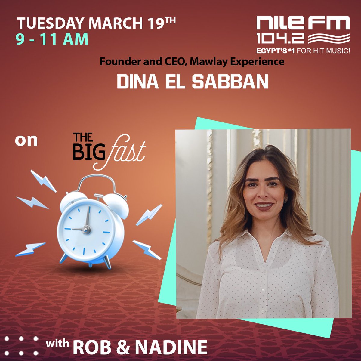 NileFM's tweet image. Dina El Sabban, Owner and CEO of Mawlay Experience, which hosts the most unforgettable Iftar and Sohour experiences with a fusion of culture and heritage, will be our guest tomorrow on the #BigFast with Rob and Nadine. Don't forget to tune in to the show tomorrow from 9 to 11 AM