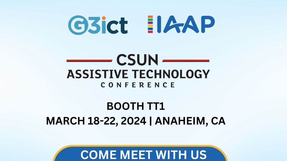 The G3ict and @IAAPOrg team will be at the CSUN Assistive Technology Conference starting today until the 22nd. Drop by to learn about our new initiatives.  Visit our Booth TT1 and say hello! More info: i.mtr.cool/bmpqdbuqvb #CSUNATC24 #AssistiveTechnology #A11Y @CSUNCOD