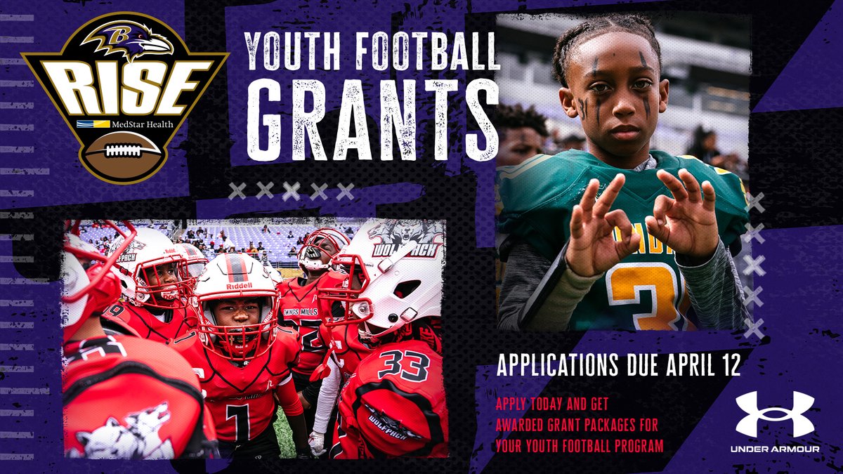 The Ravens are committed to improving and enhancing the development of youth football in the Baltimore-area. Maryland teams are invited to apply for a Ravens Youth Football Grant! Apply: baltimoreravens.com/fans/rise/yout…