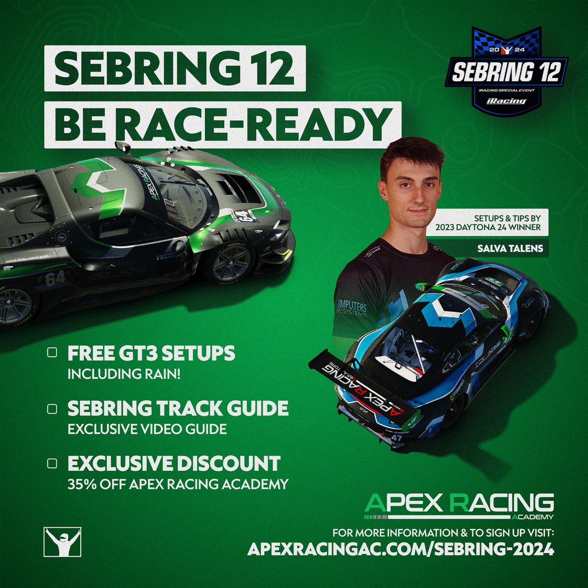 Be race-ready for @iRacing Sebring 12! ✅ Free GT3 setups for wet & dry ✅ EXCLUSIVE video track guide 💸 35% discount code! 🔗 apexracingac.com/sebring-2024/ #apexracingacademy #iracing #simracing