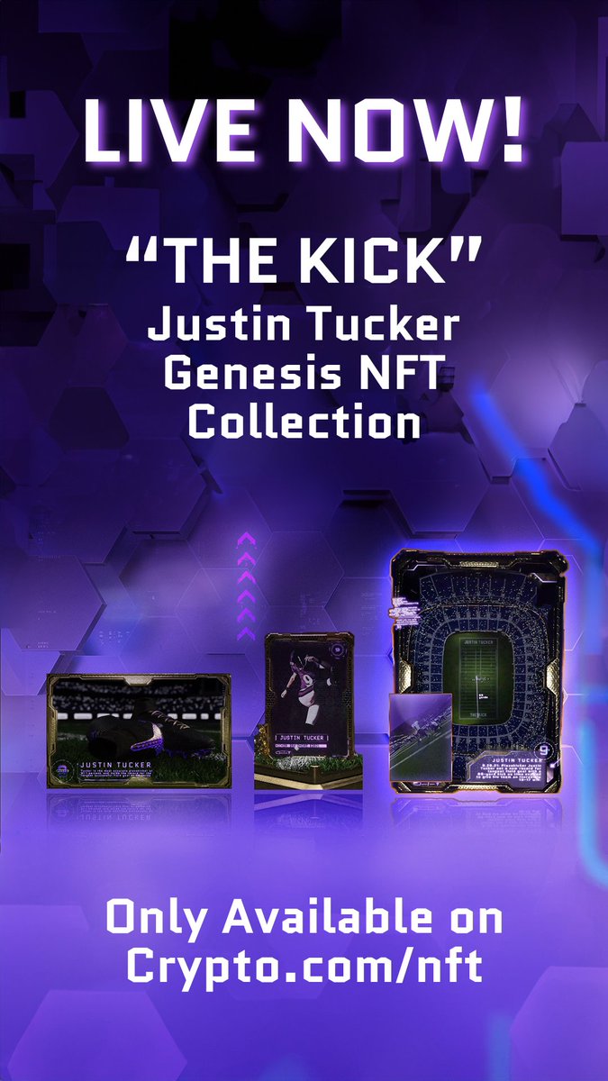 LIVE NOW 🚨 “The Kick” | Justin Tucker Genesis Collection Experience history in a new dimension with “The Kick” @jtuck9 Genesis NFT Collection of three unique NFT Sports Trading Cards. Check it out 👇🏼 crypto.com/nft/drops-even…