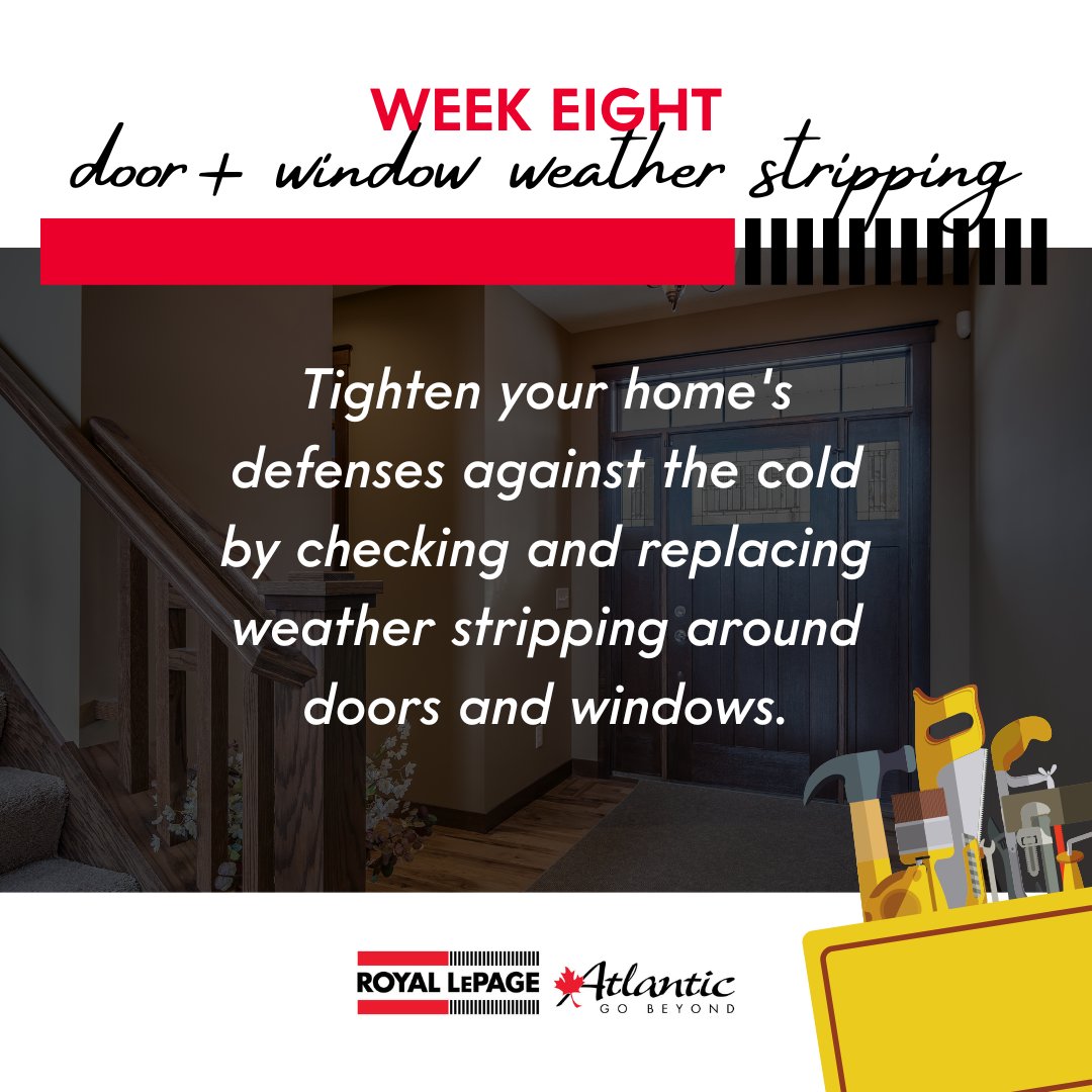 Tighten up your home's defenses against the cold! Check and replace weather stripping around doors and windows. It's a simple and cost-effective way to keep the drafts at bay.

#MaintenanceMonday #WeatherStripping #RLPA #GoBeyond #RoyalLePage #RoyalLePageAtlantic