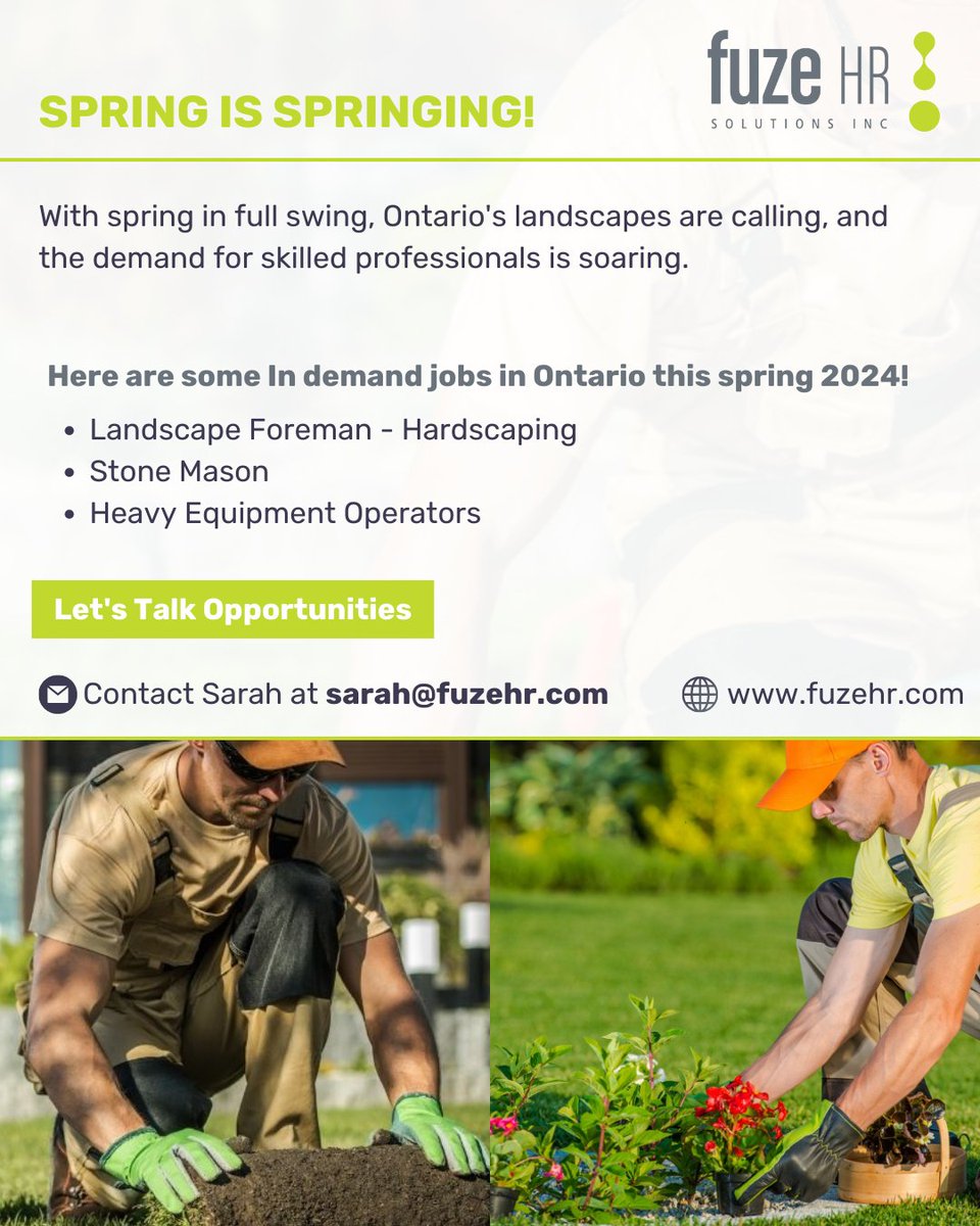 The demand for qualified workers in the landscaping sector is  is on the rise as spring emerges around Ontario.

Find out more about the roles. Contact Sarah at: sarah@fuzehr.com

 #OntarioJobs #SpringHiring #Landscaping #Hardscaping #HeavyEquipment #CareerOpportunities