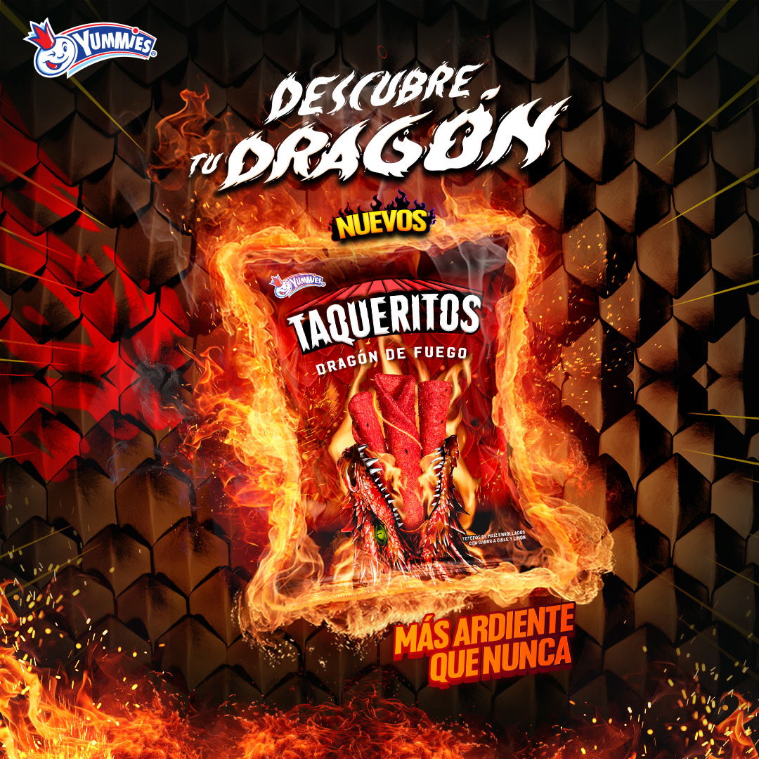 El Dragón de Fuego llegó para despertar tu INTENSIDAD y que ardas como nunca antes 🥵 Prueba el nuevo sabor de Taqueritos ¿Te atreves? 😎 #TeamFuego 🔥