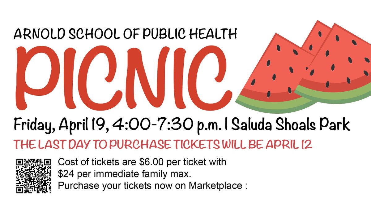 Coming up! The Arnold School's Annual Picnic will be held on April 19 at Saluda Shoals Park. We'll see you there for food, activities, and fun! 🚣 🥪 ow.ly/4hER50QQlfg
<a href="/UofSCExSci/">USC Dept of Exercise Science</a> <a href="/USC_HSPM/">USC Health Services Policy & Management</a> <a href="/UofSC_COMD/">USC Communication Sciences and Disorders</a> <a href="/daniela_beth/">Daniela Friedman</a>