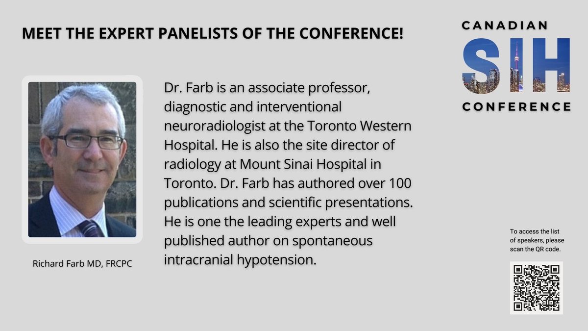 📍Canadian SIH conference, May 4, in Toronto + online. Come together to share expertise, engage in discussions, and advance the knowledge about #SpinalCSFLeak #SIH >>Meet the distinguished speakers: tinyurl.com/57ywk6wy