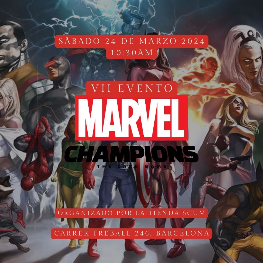 Coste: 6€ (incluye bebida)
Para inscribirse: en persona en la Tienda Scum (Carrer treball 246) o por email a latiendascum@gmail.com

¡Forma equipo con tus amigos y únete a la diversión! #MarvelChampions #TiendaScum #EventosDeJuegos