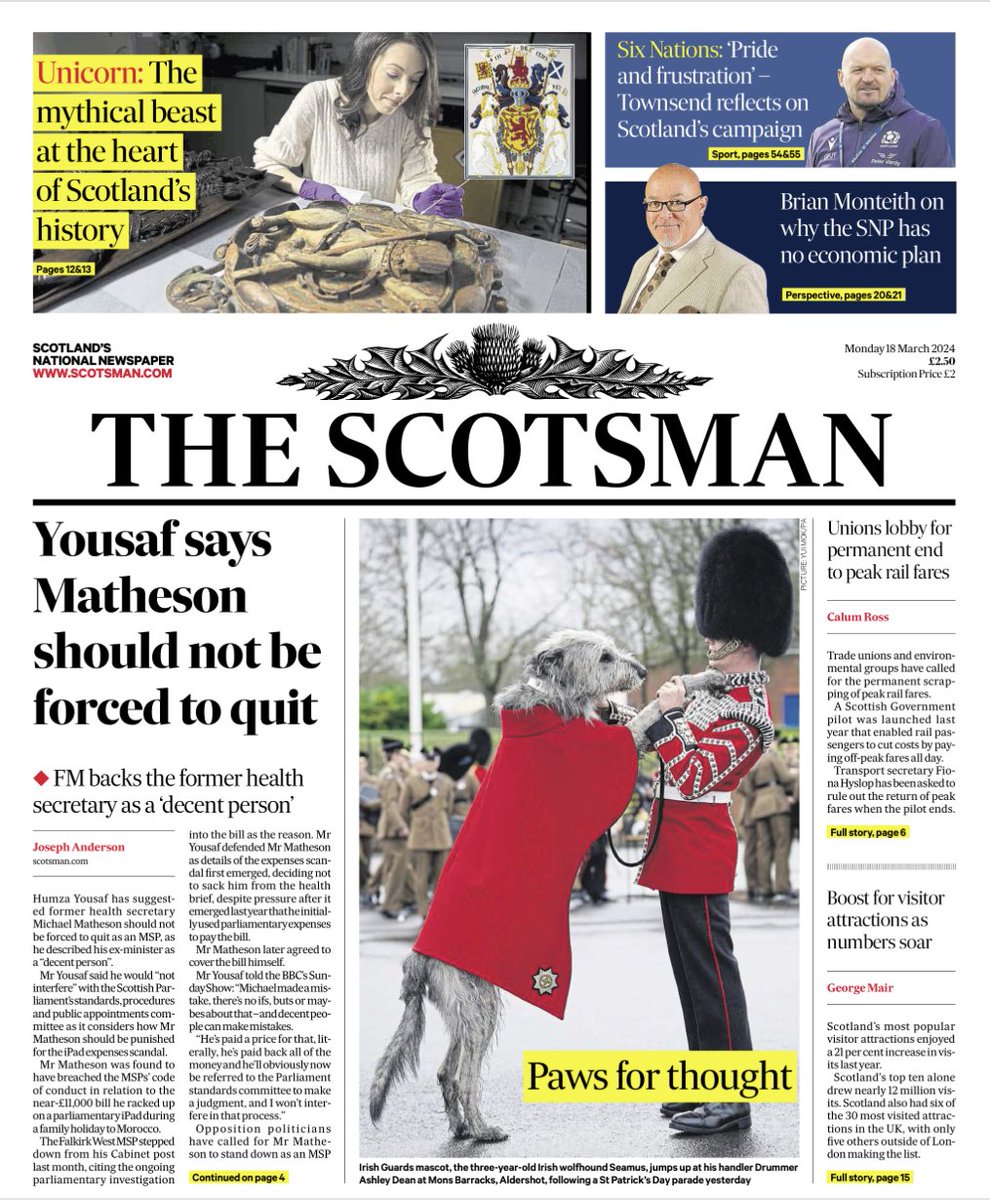 Today's front page of @TheScotsman trails a fab preview story of the special loans coming from @NtlMuseumsScot to @PerthMuseumUK for #Unicorn the 1st exhibition as we get ready for opening end of next week! Thank you @alicampsie75 for this super piece scotsman.com/heritage-and-r…