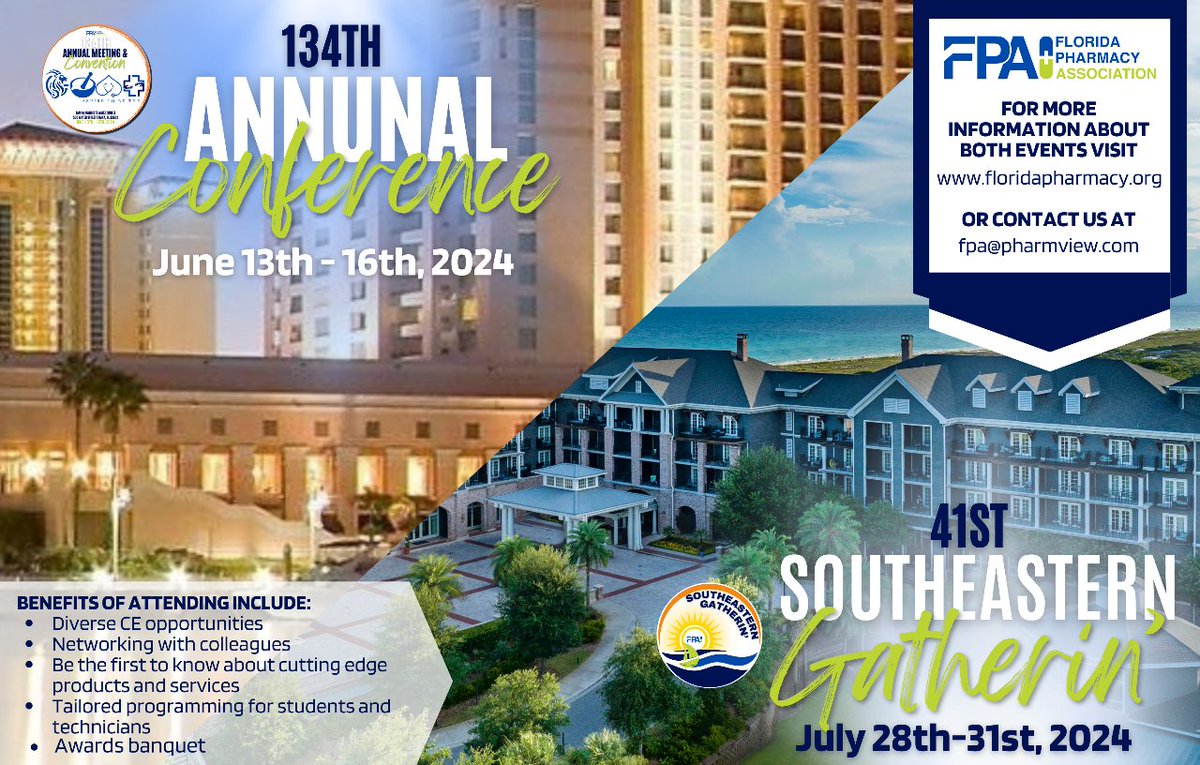Registration for the 134th Annual Meeting &amp; Convention is open!

Join us in Tampa for a transformative experience shaping the future of pharmacy practice. While you're at it, save the date for our Southeastern Gatherin' happening July 28th-31st. 

#flordiapharmacyassociation