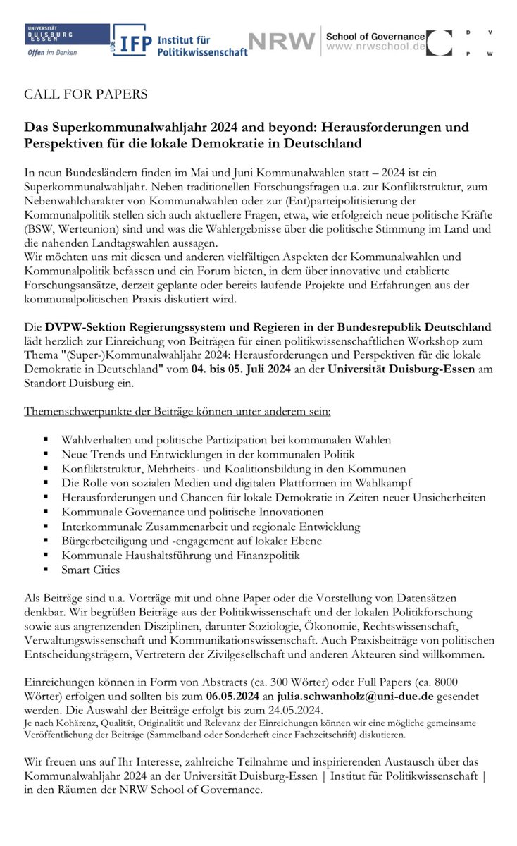 📭 Call for Abstracts 📬 4.-5.7.24 @unidue @ifp_ude @nrw_sog | Workshop der @dvpw Sektion Regierungssystem & Regieren in der BRD z Thema »Das Superkommunalwahljahr 2024 and beyond: Herausforderungen & Perspektiven für die lokale Demokratie in Deutschland« | Einreichung bis 6.5.!