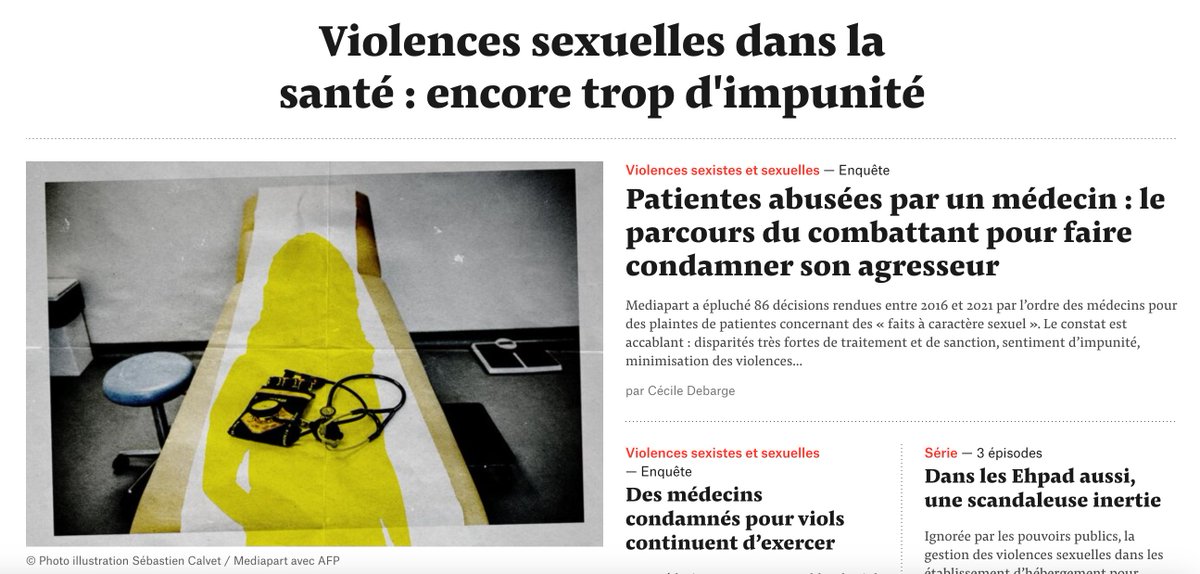 Violences sexuelles dans la santé : encore trop d'impunité. Mediapart publie les deux premiers volets d'une enquête au long cours, menée notamment par @CecileDebarge. mediapart.fr 1/4