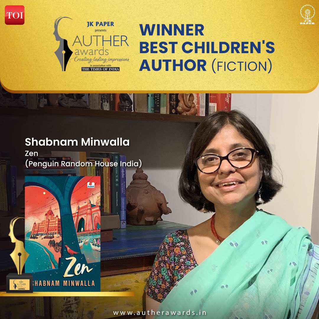 Congratulations to Shabnam Minwalla for winning the coveted title of Best Children's Author (Fiction) at @AutherAwards. Her exquisitely written book 'Zen' has so many layers that each time you reread it, you'll discover a little more. @JKPaperIndia @timesofindia @PenguinIndia