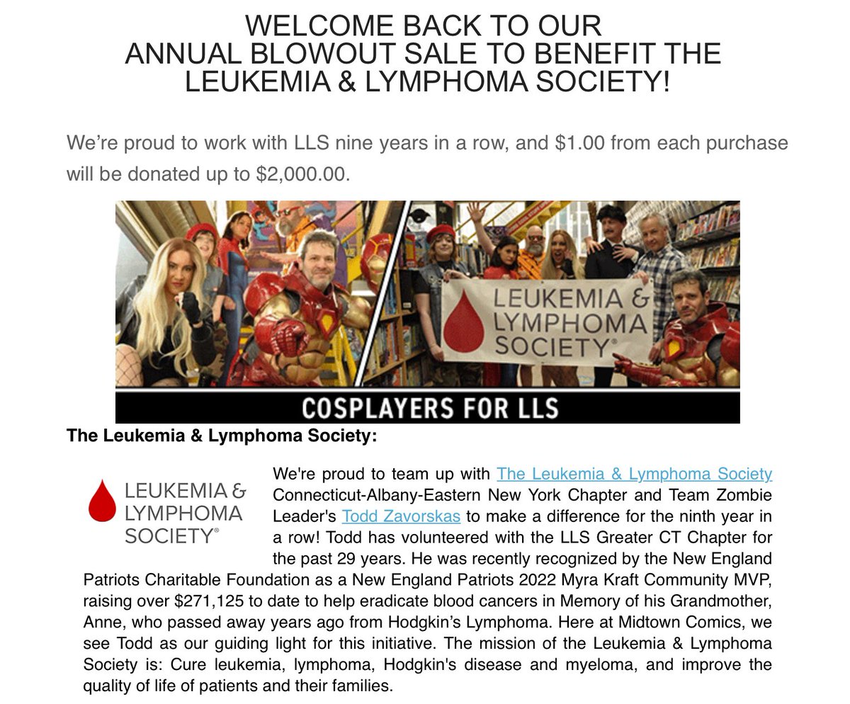 @MidtownComics sale benefiting @LLSusa ends tomorrow.  For every online order (including curbside), $1 will be donated (up to $2,000) to help eradicate blood cancers!♥️♥️♥️ #cancelbloodcancer #somedayistoday #midtowncomics #lls #zmbldr #cosplay