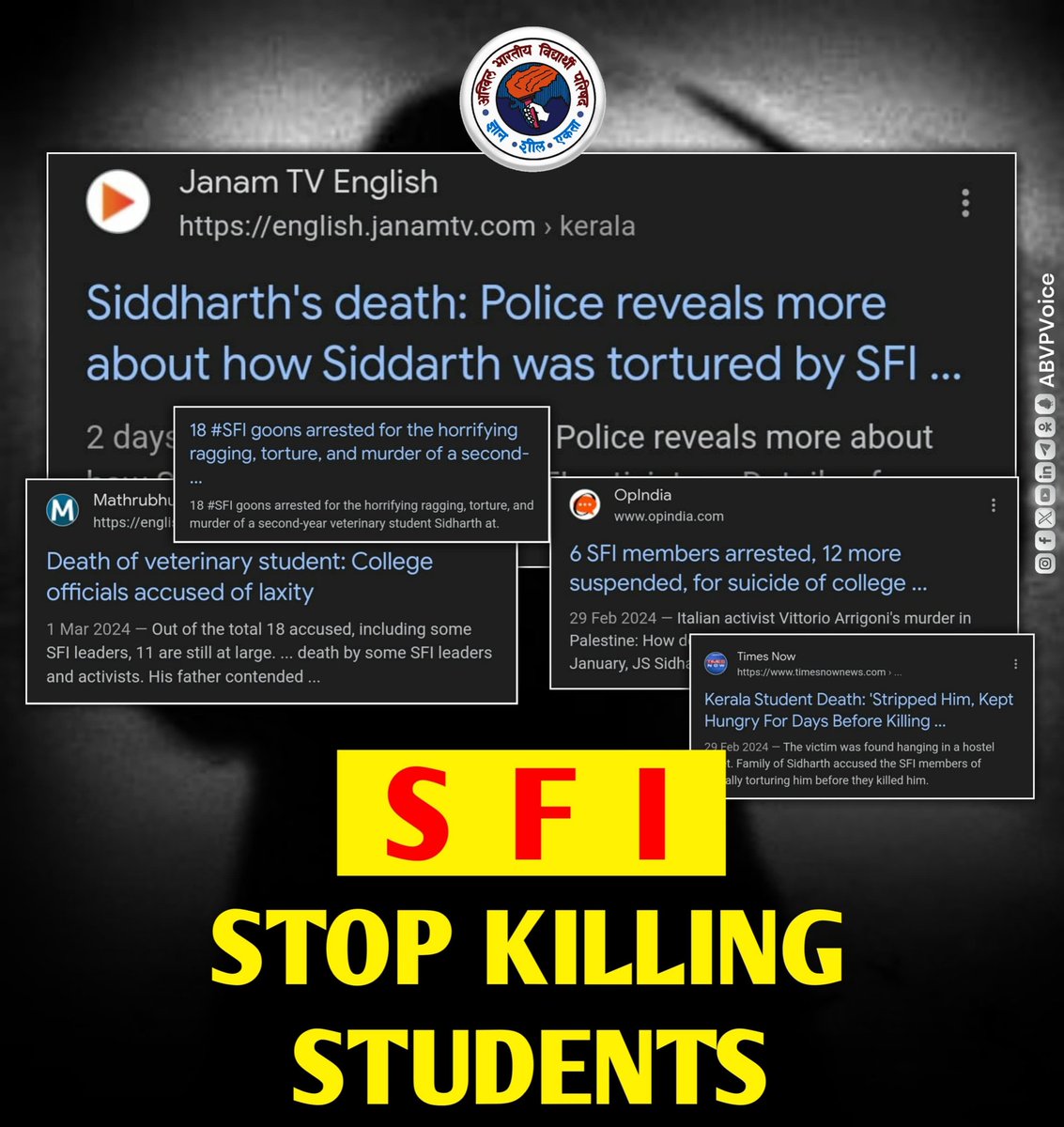 ABVPTelangana's tweet photo. Do you know why the colour of communists flag is Red? Because they drinks people's blood to quench their thirst. 

#JusticeForSidharth https://t.co/yzO24Rdwl3