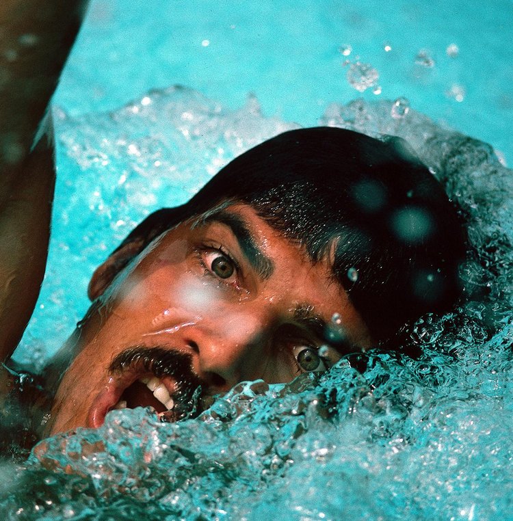 Team USA's Mark Spitz swims during a training session in Beverly Hills, California. October 1975.