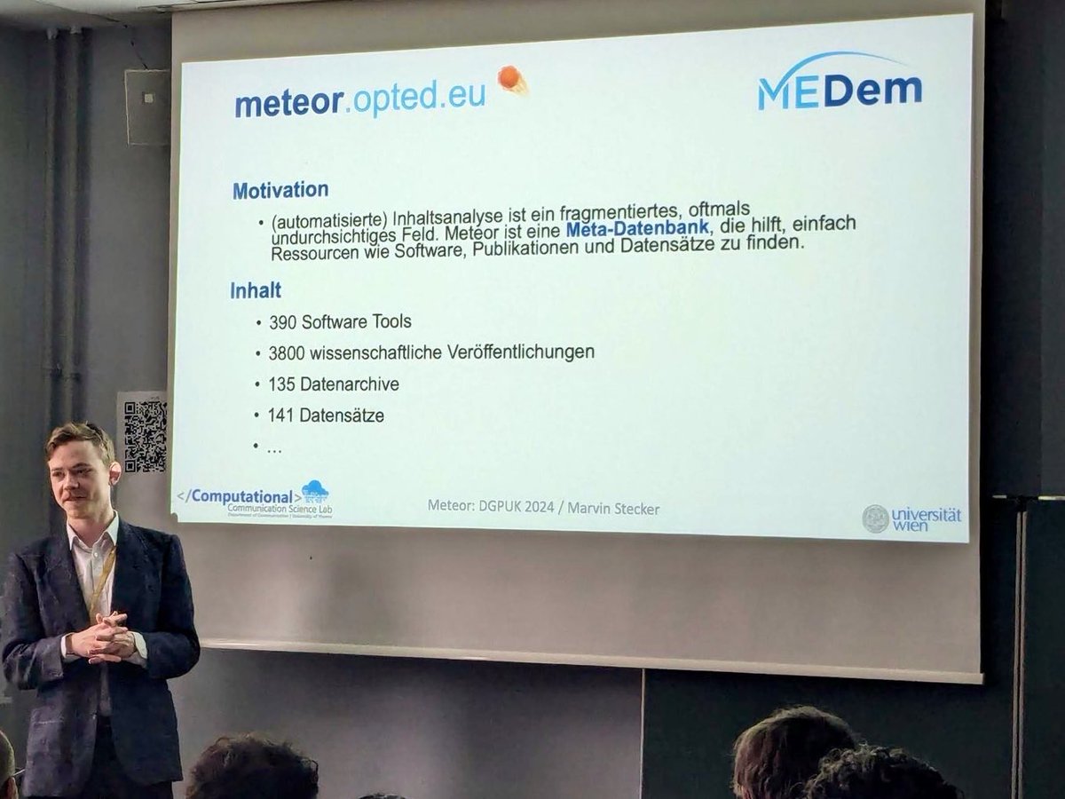 At #DGPUK2024, @marvinstecker presented #Meteor, the inventory of resources for text analysis in the #SocialSciences, a platform developed within @OPTED_H2020 that will soon be integrated in @MEDem_ERI. Wanna know more? meteor.opted.eu