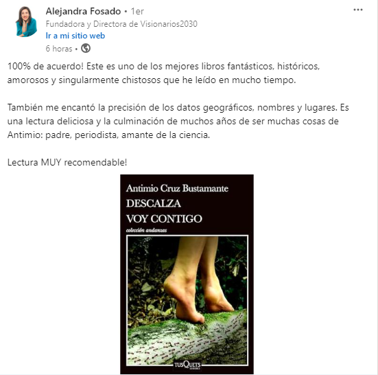 Antimio's tweet photo. Como si hubiera preparado un alimento con mucho cuidado y cariño, me gustaría que leyeran Descalza voy contigo porque creo que el libro contiene nutrientes buenos. Agradezco mucho a Ale Fosado, fundadora de Visionarios 2030, por su lectura de la novela y sus palabras de aliento. https://t.co/HNwqbAbk24