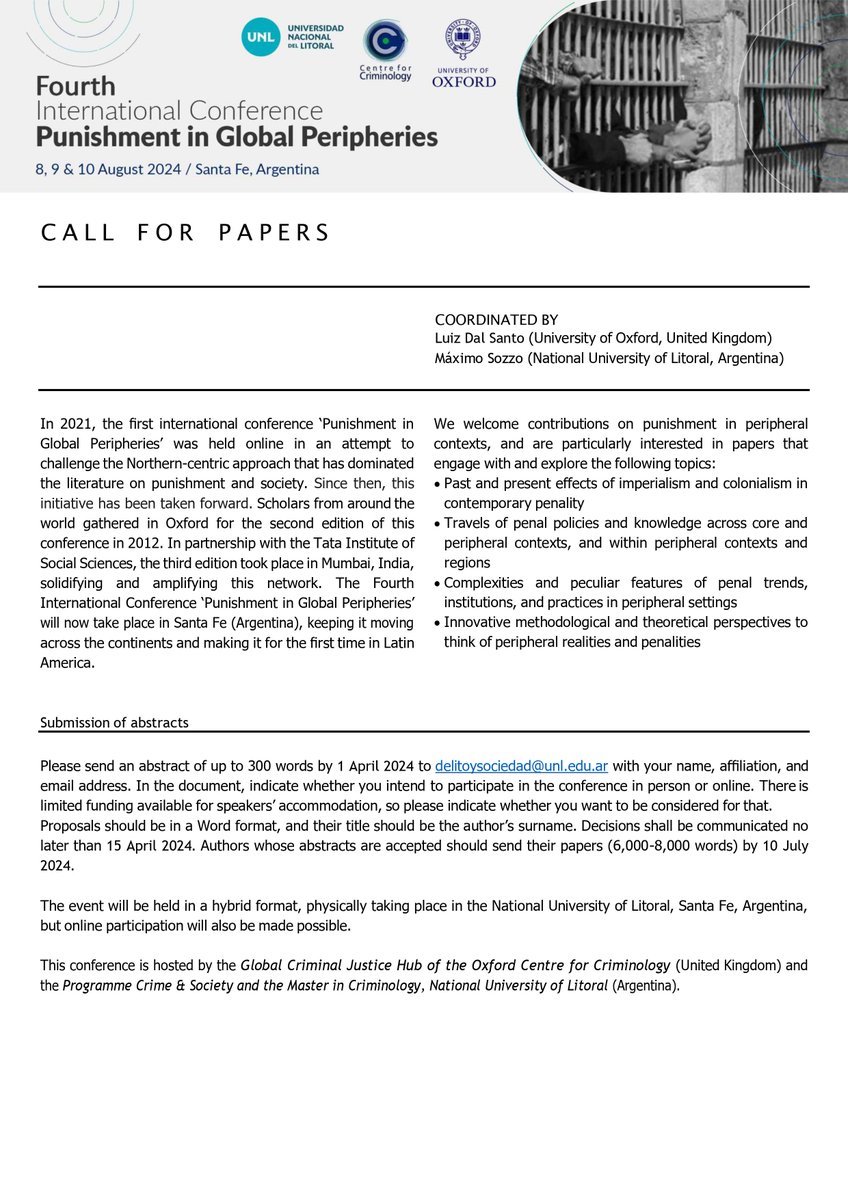 Fourth international conference Punishment in Global Peripheries

Call for papers closes in two weeks. Submit your abstract by 1 April and join us in Santa Fé, Argentina 🇦🇷 from 8 to 10 August 2024.