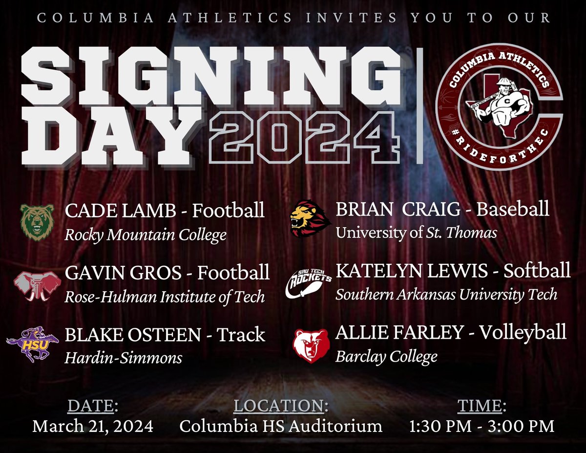 Please join us as we celebrate these athletes along with their parents signing to play at the next level! 

<a href="/columbia_xc/">Columbia HS Roughnecks XC</a> @RoughneckPower <a href="/roughnecktennis/">Columbia Roughnecks Tennis</a>  <a href="/ladynecksvball/">CHS Volleyball 🏐</a> <a href="/LadyNecks/">Columbia Lady Necks Soccer</a> <a href="/ladynecktrack/">Columbia Girls Track & Field</a> <a href="/Roughnecks_TF/">Columbia Boys Track & Field</a> <a href="/Roughnecksoccer/">Columbia Roughnecks Soccer</a> <a href="/NecksHoops/">Columbia Basketball</a> <a href="/CBISDTx/">Columbia-Brazoria</a> <a href="/LadyNeckBBall/">Lady Neck Basketball</a> <a href="/LadyNeckSB/">Lady Neck Softball</a>